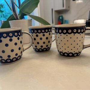 Set of 3 Polish Pottery Blue and White Polka-Dotted Mugs - Handcrafted